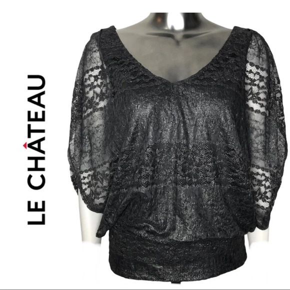 🛍️3/$40 Le  Chateau Grey Metallic Lace Top Size Small - Picture 1 of 5